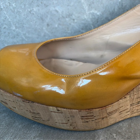 Tan patent-leather peep-toe wedges - Picture 11 of 14